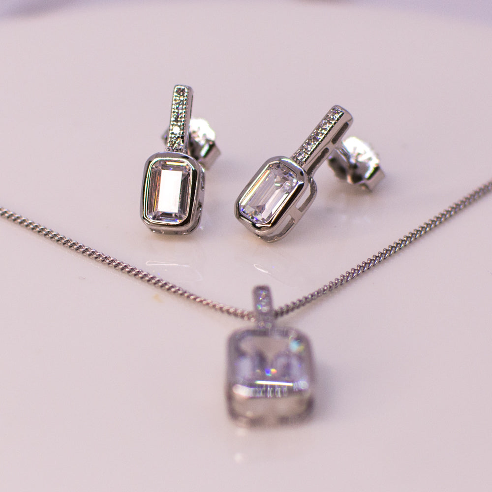 Silver Emerald Cut CZ Earring and Necklace Set - John Ross Jewellers