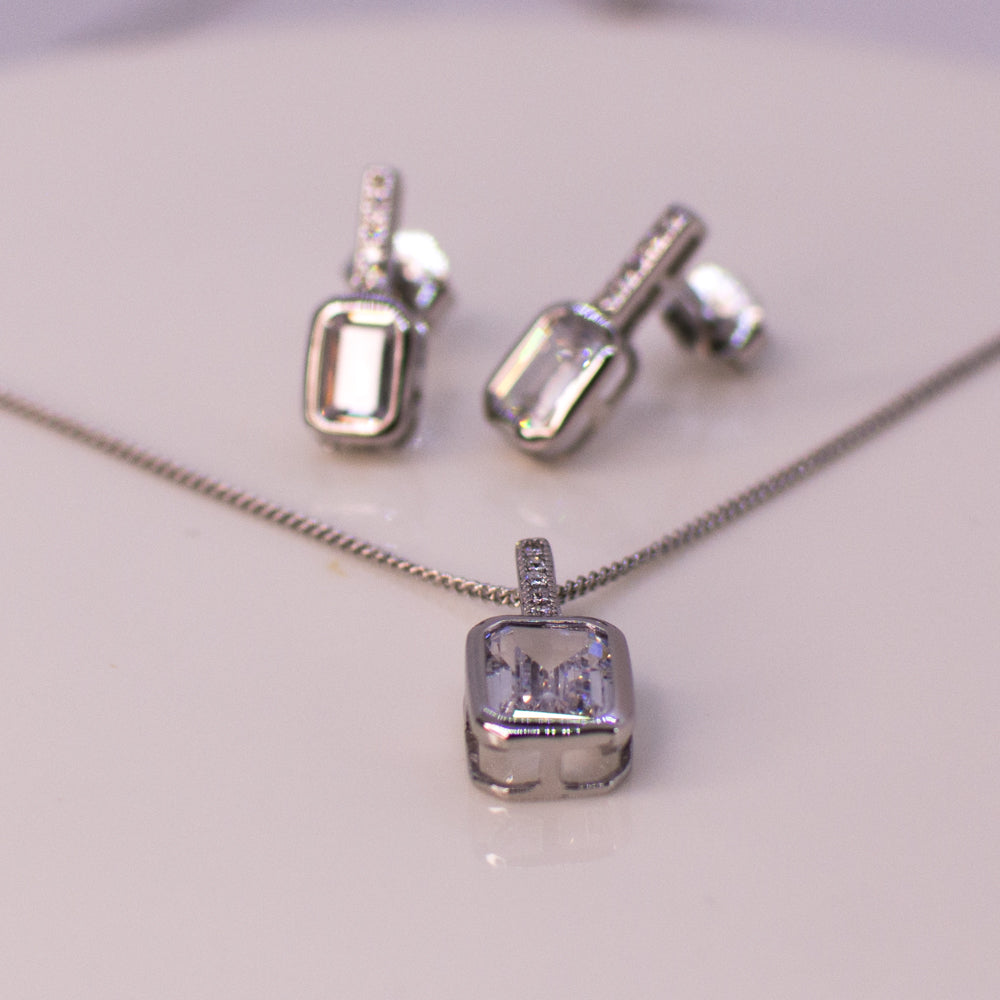 Silver Emerald Cut CZ Earring and Necklace Set - John Ross Jewellers
