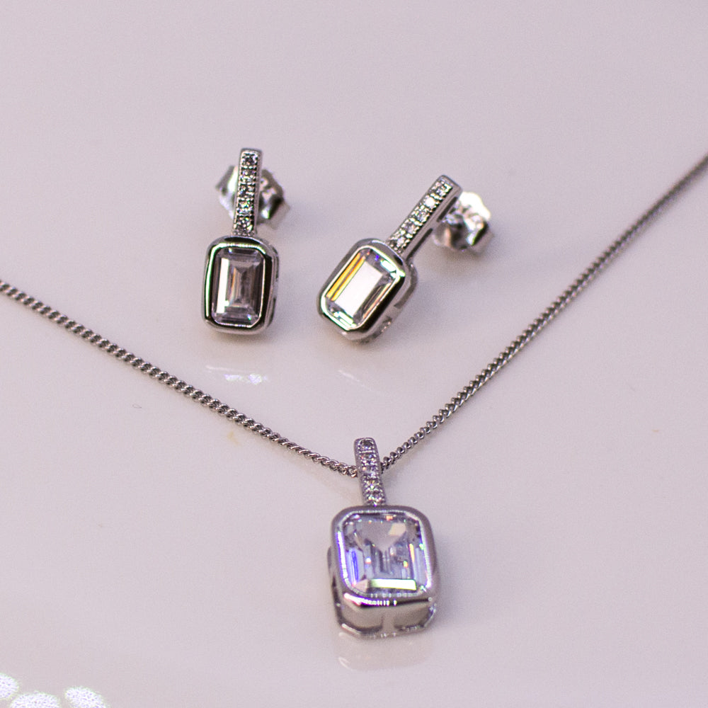 Silver Emerald Cut CZ Earring and Necklace Set - John Ross Jewellers