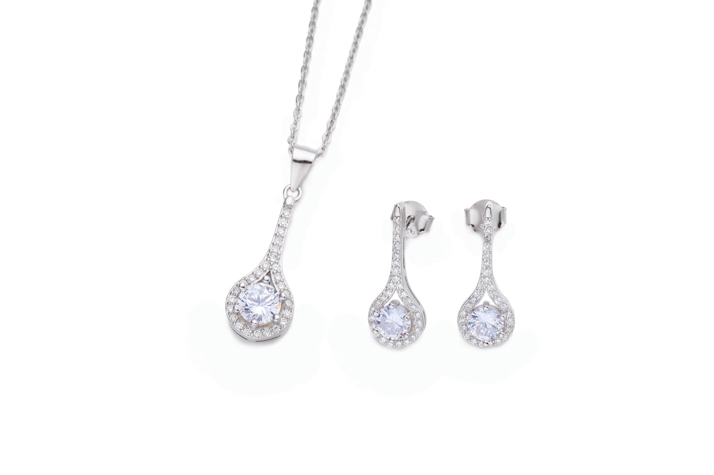 Silver CZ Drop Halo Earring and Necklace Set - John Ross Jewellers
