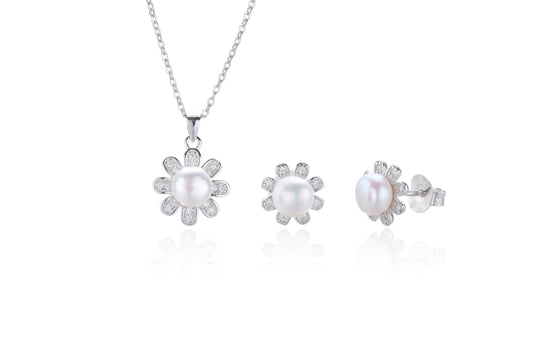 Silver Floral Pearl Earring and Necklace Set - John Ross Jewellers