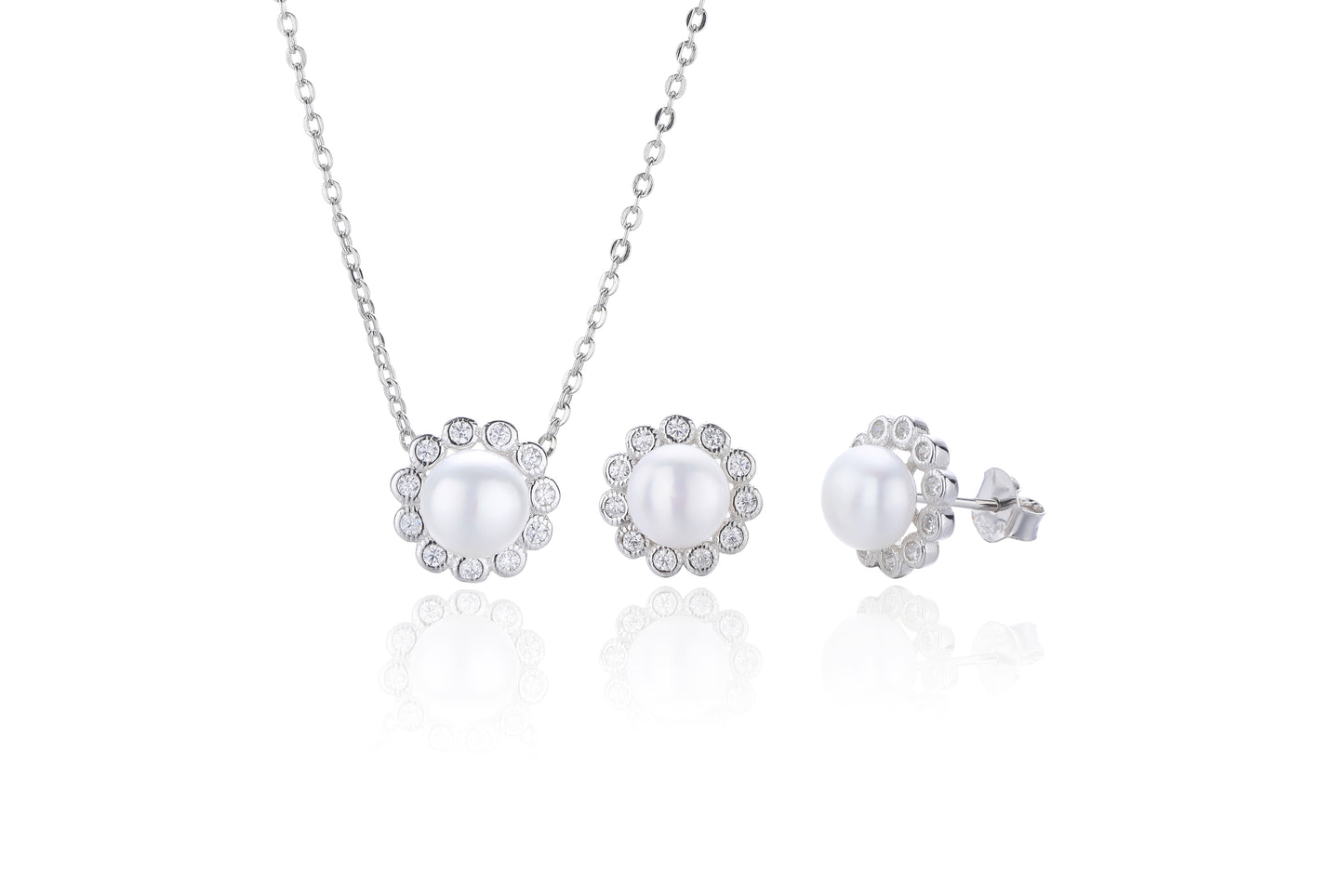 Silver Floral Pearl Earring and Necklace Set - John Ross Jewellers