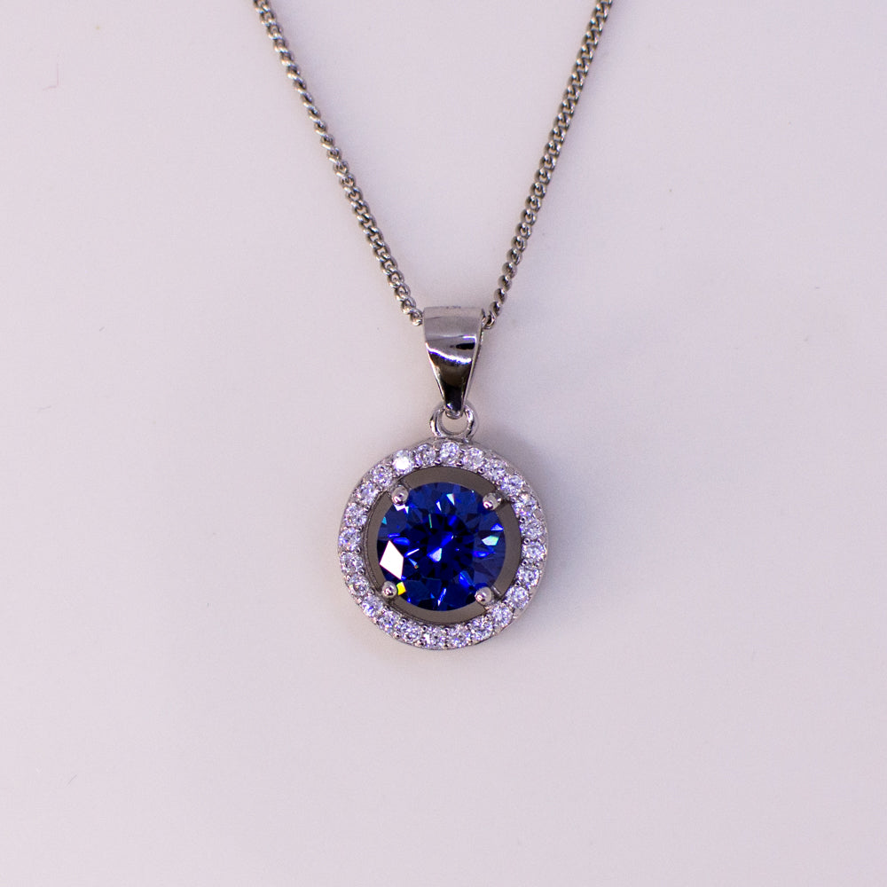 Silver Created Tanzanite & CZ Round Pendant Necklace - John Ross Jewellers