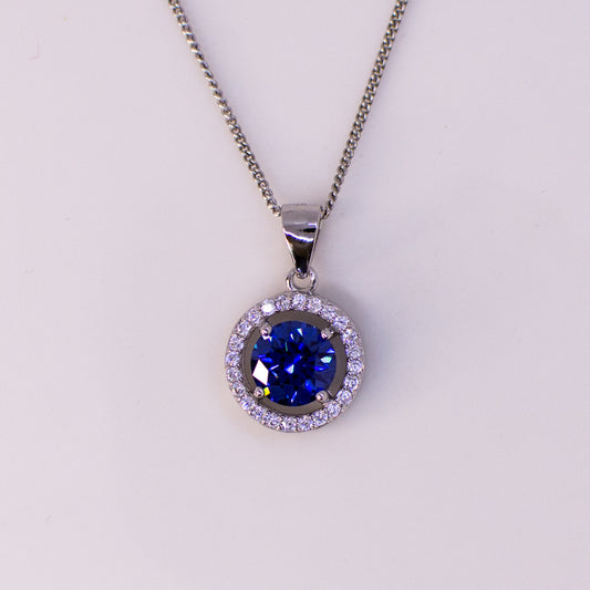 Silver Created Tanzanite & CZ Round Pendant Necklace - John Ross Jewellers