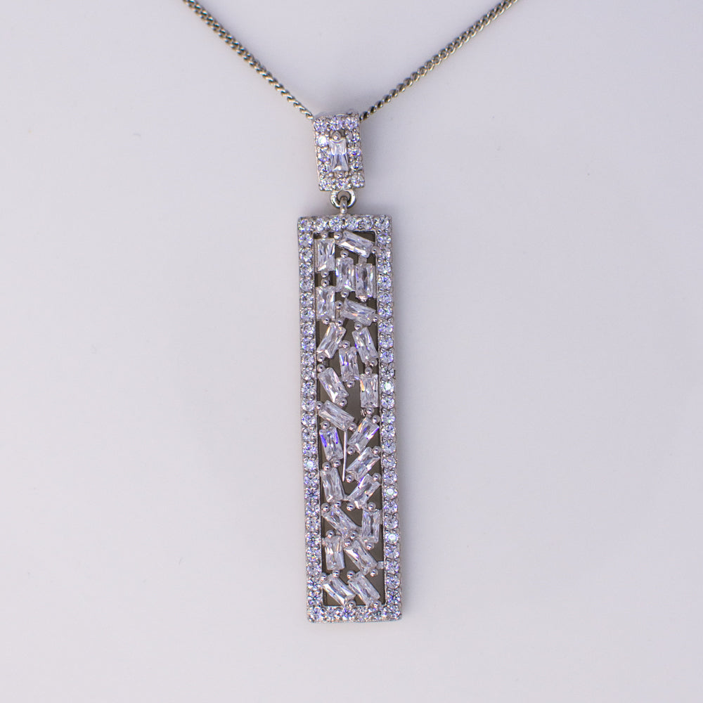Silver CZ Long Drop Pendant Necklace - John Ross Jewellers