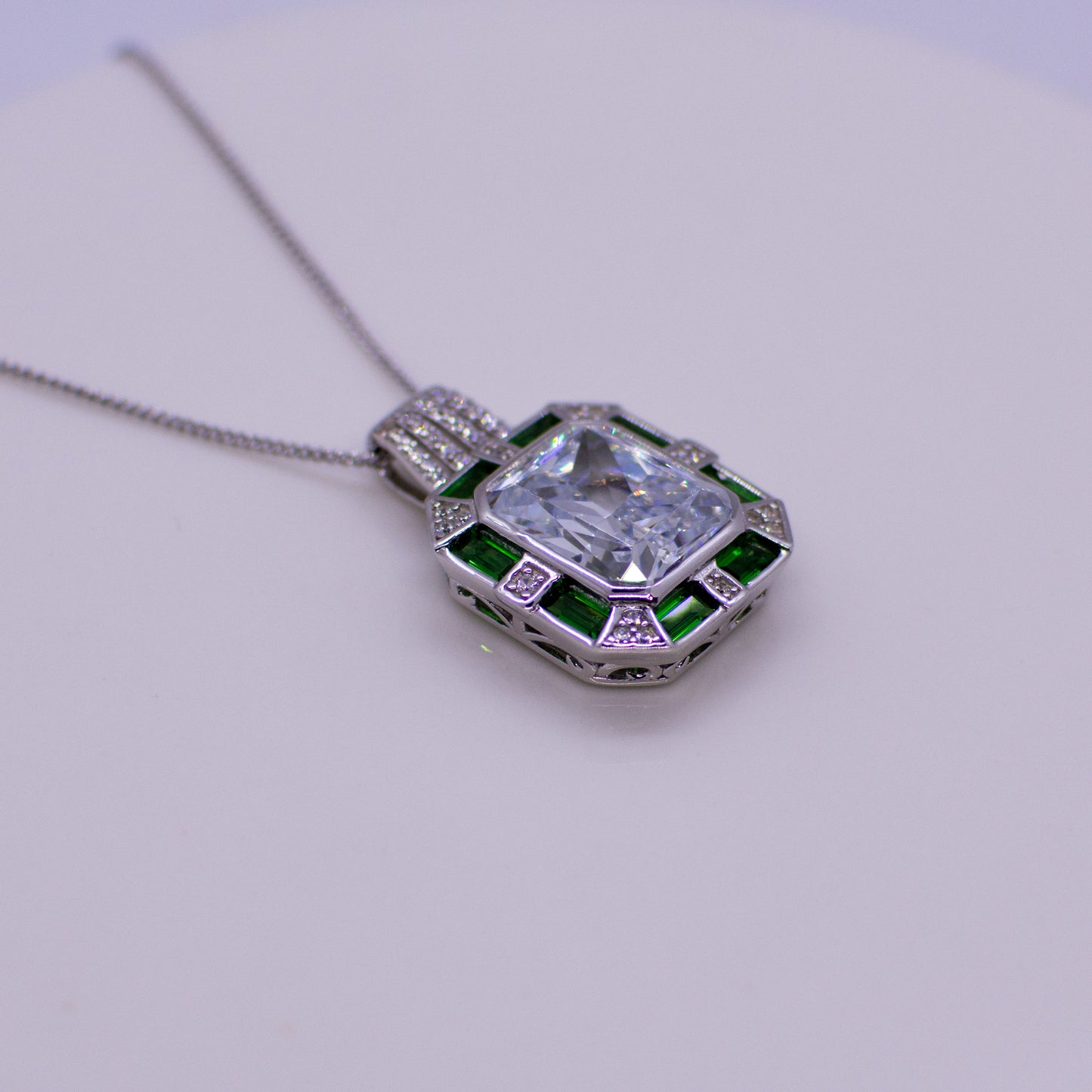 Silver CZ Rectangular Pendant Necklace - Created Emerald - John Ross Jewellers