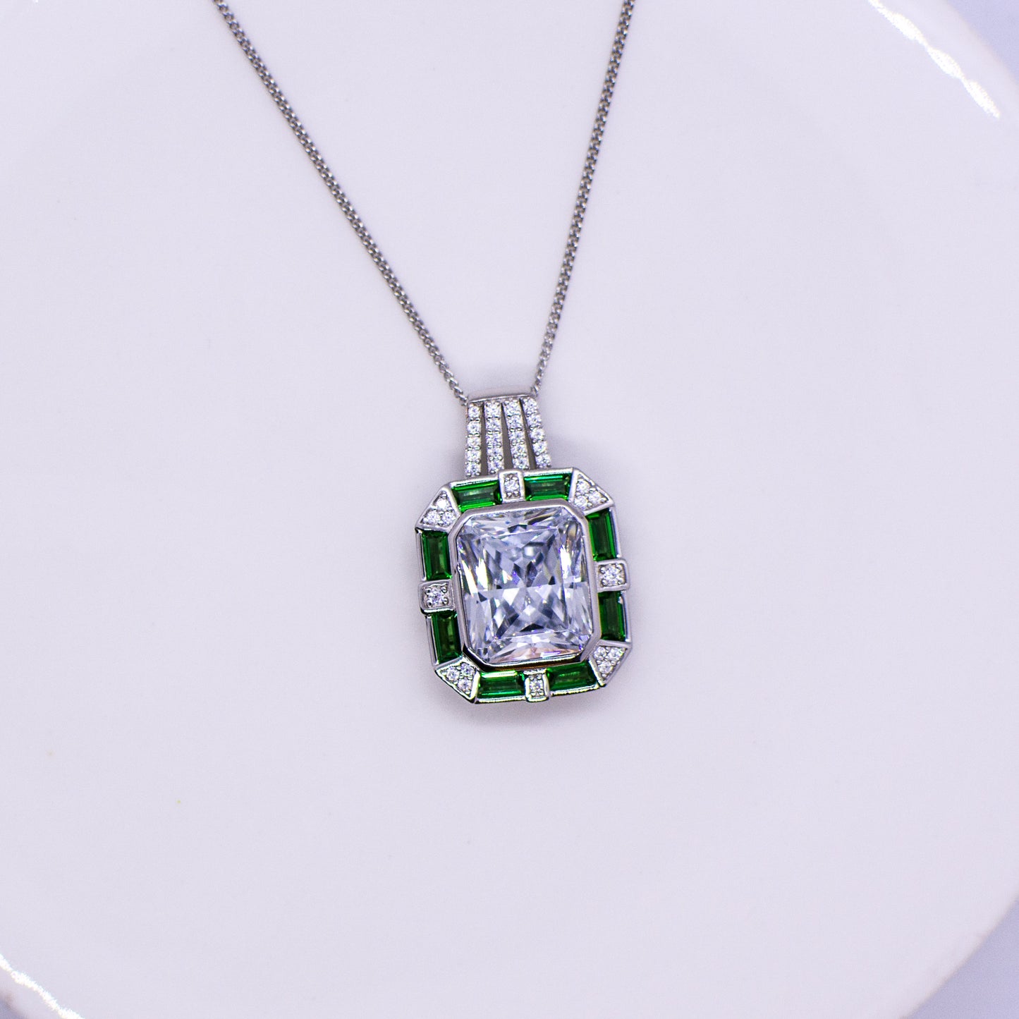 Silver CZ Rectangular Pendant Necklace - Created Emerald - John Ross Jewellers