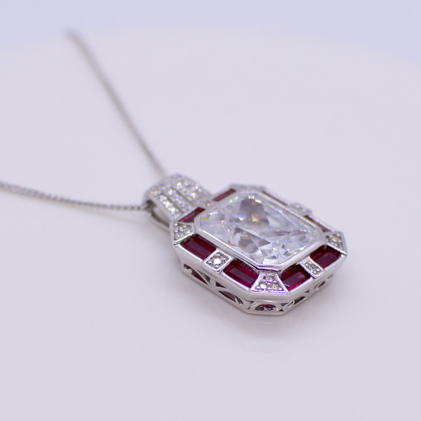 Silver CZ Rectangular Pendant Necklace - Created Ruby - John Ross Jewellers