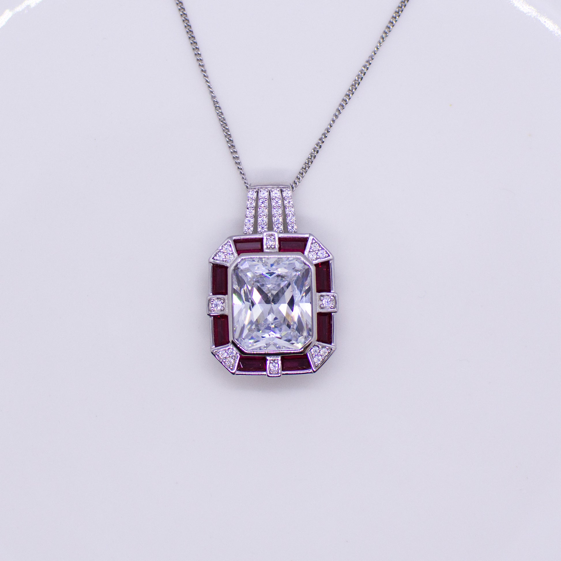 Silver CZ Rectangular Pendant Necklace - Created Ruby - John Ross Jewellers