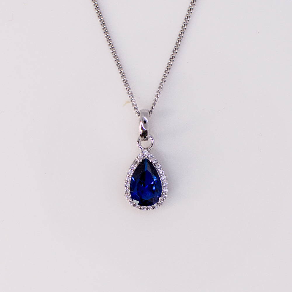 Silver Created Sapphire & CZ Pear Pendant Necklace - John Ross Jewellers