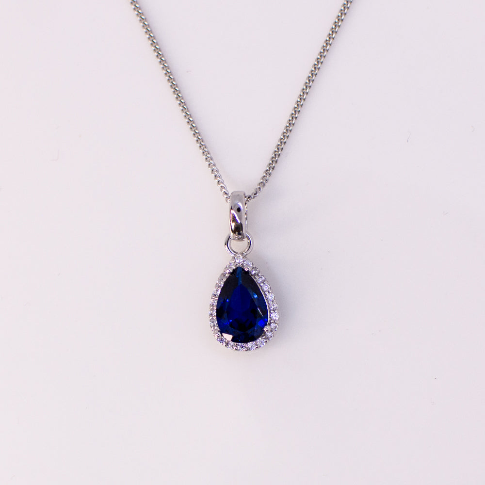 Silver Created Sapphire & CZ Pear Pendant Necklace - John Ross Jewellers