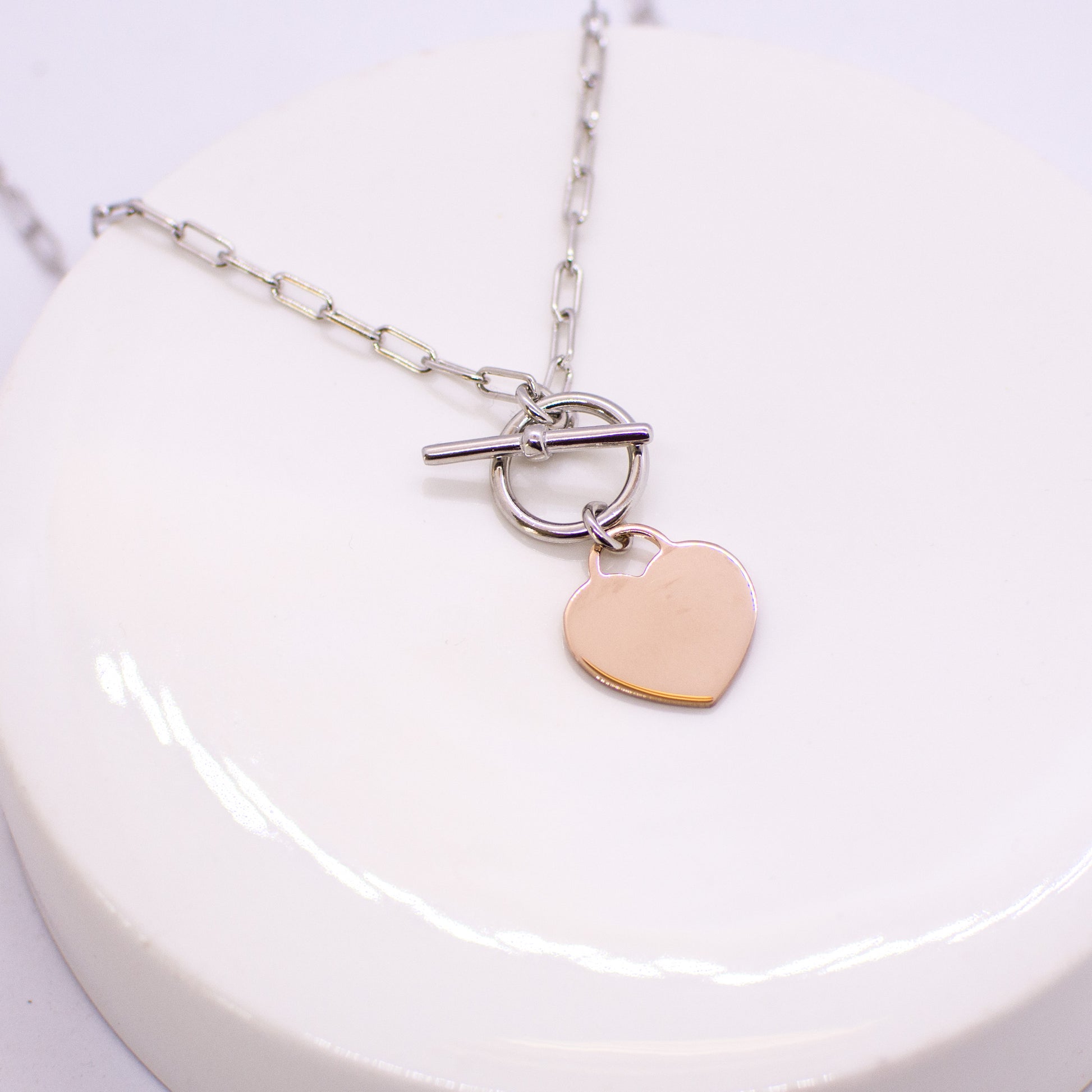 Silver T-Bar Rose Heart Disc Necklace - John Ross Jewellers