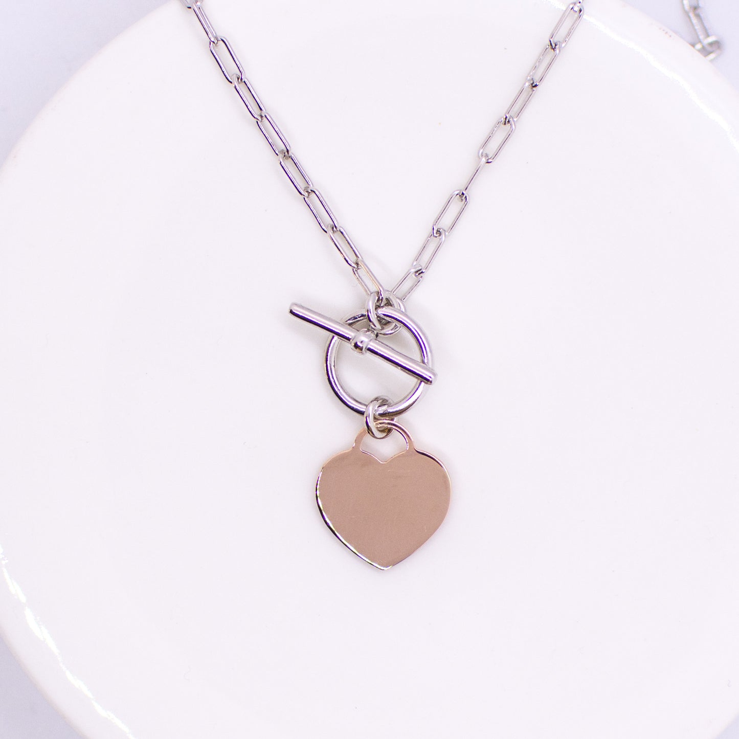 Silver T-Bar Rose Heart Disc Necklace - John Ross Jewellers