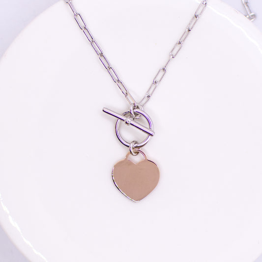 Silver T-Bar Rose Heart Disc Necklace - John Ross Jewellers