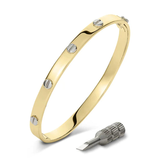 9ct Gold Solid Oval Bangle with White Gold Screws - John Ross Jewellers