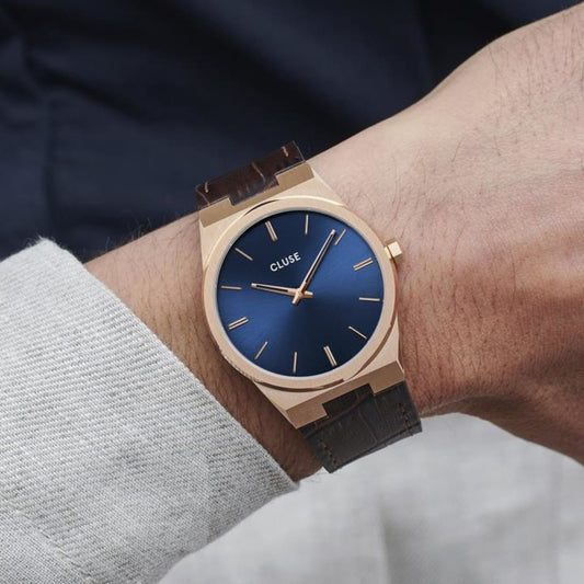 CLUSE Vigoureux Leather Rose Gold/Dark Brown Crocodile - John Ross Jewellers