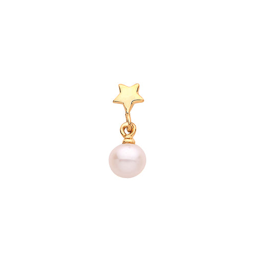 A single 375 9ct yellow star stud with pearl drop for cartilage piercings. Screw fitting.