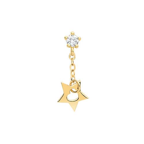A single 375 9ct yellow CZ stud with star drop for cartilage piercings.  The star drop has a heart cut out and hangs by a chain from the CZ stud.  Screw fitting.