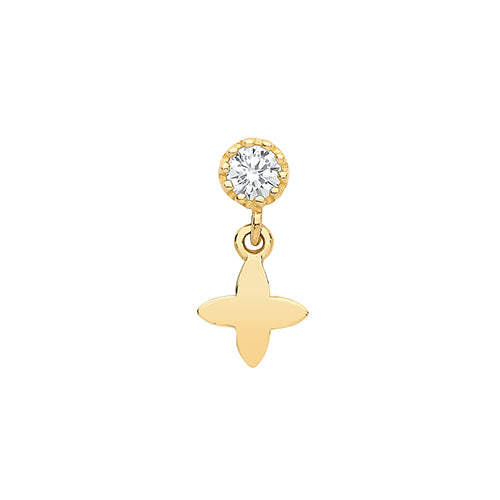 A single 375 9ct yellow CZ stud with Greek cross quatrefoil drop for cartilage piercings.  Screw fitting.