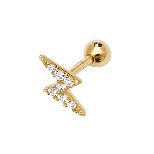 A single 375 9ct yellow gold CZ set lightning bolt stud for cartilage piercings. Screw fitting.