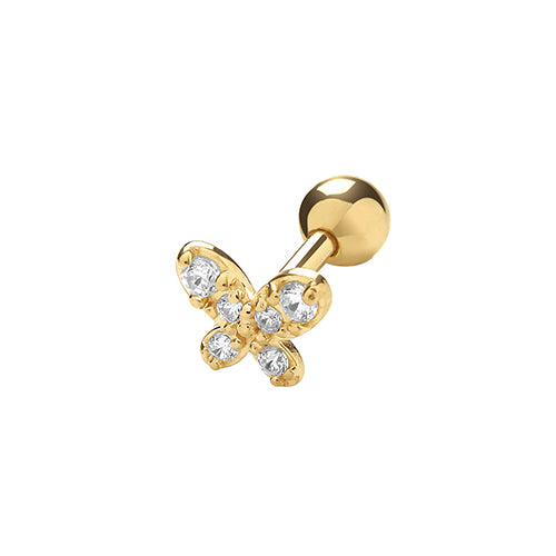 A single 375 9ct yellow gold CZ set butterfly stud for cartilage piercings. Set with six round CZs.  Screw fitting.
