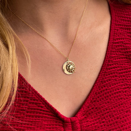 9ct Gold Crescent Moon & Sun Disc Necklace - John Ross Jewellers