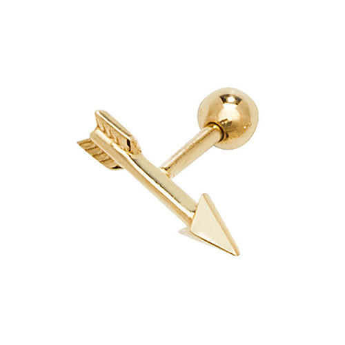 A single 375 9ct yellow gold plain polished arrow stud for cartilage piercings.   Screw fitting.