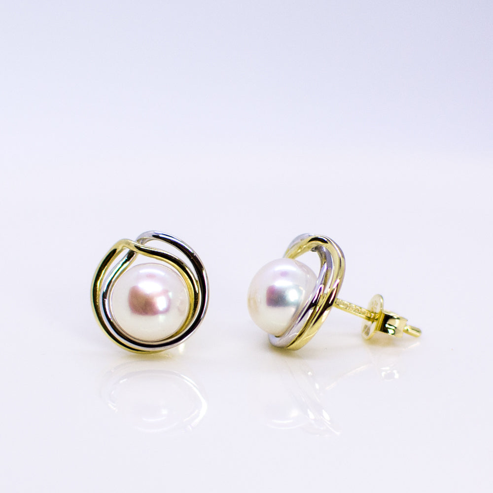 9ct Gold Two Tone Freshwater Pearl Stud Earrings - John Ross Jewellers