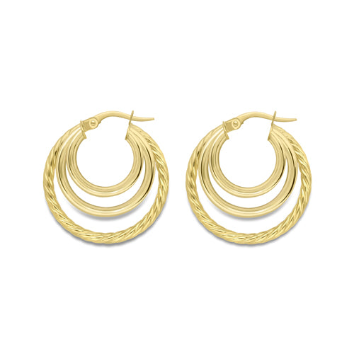 9ct Gold Triple Hoop Earrings | Twist 24mm - John Ross Jewellers