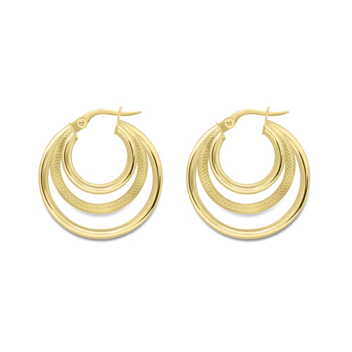 9ct Gold Triple Hoop Earrings | Textured 24mm - John Ross Jewellers