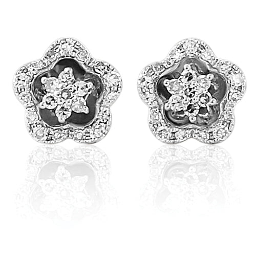 These pretty 9ct white gold stud earrings are set with round brilliant cut diamonds.  The floral design is delicate and very attractive. 9ct white gold