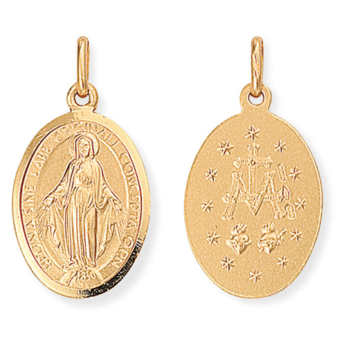 This is a medium sized Miraculous Medal made of 9ct yellow gold. Available with an adjustable 9ct gold trace chain (16-18 inch adjustable chain).  Product details: Product materials: 9ct gold Pendant dimensions: Approximately 27mm L x 14mm W