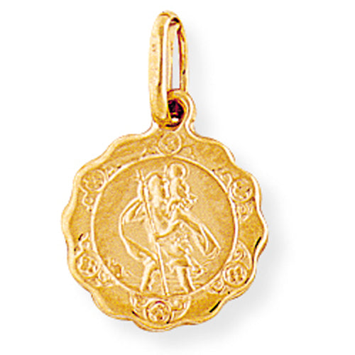 This pretty necklace is perfect to achieve the subtle layered look that is so on trend this year.  Get summer-ready with this beauty. This 12mm diameter 9ct yellow gold St Christopher Medal has a scalloped edge and a plain polished back which can be engraved free of charge. It has a 9ct yellow gold adjustable chain (16-18inch). Material: 9ct yellow gold