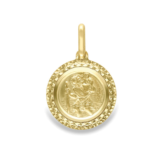 9ct Gold St Christopher Medal Pendant & Chain | 14mm Diamond Cut - John Ross Jewellers