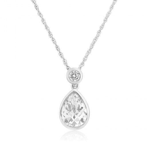 9ct White Gold CZ Pear Rubover Drop Necklace - John Ross Jewellers