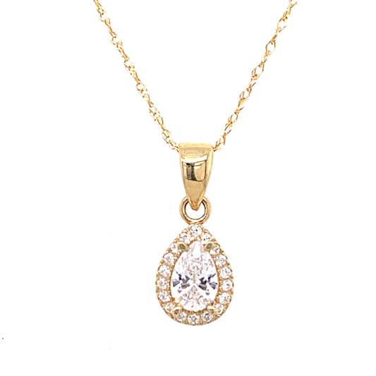9ct Gold Pear CZ Halo Necklace This beautiful pear cubic zirconia halo necklace is made from 9ct yellow gold. With a detailed bezel setting and adjustable mini rope chain it is the perfect addition to any outfit. Length: 16 to 18 inches 9ct yellow gold hallmarked. Matching earrings available.