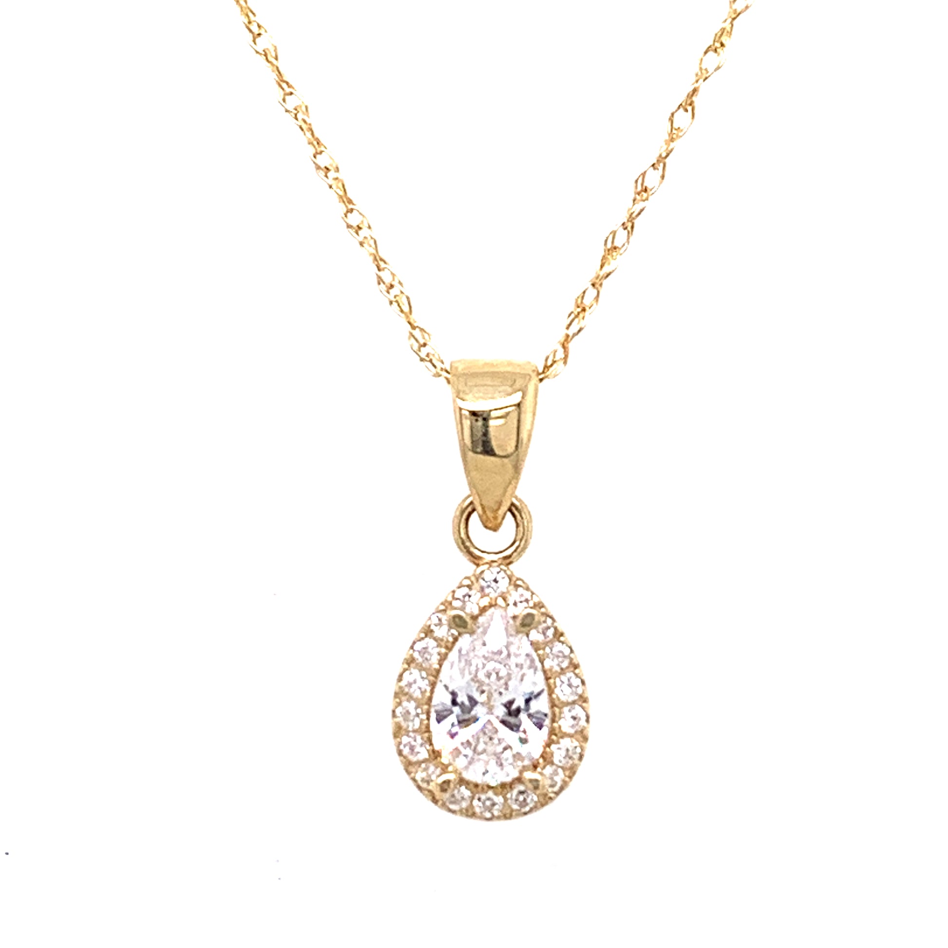 9ct gold pear-shaped CZ halo necklace by Mark Milton, featuring a sparkling cubic zirconia pendant on a delicate chain.