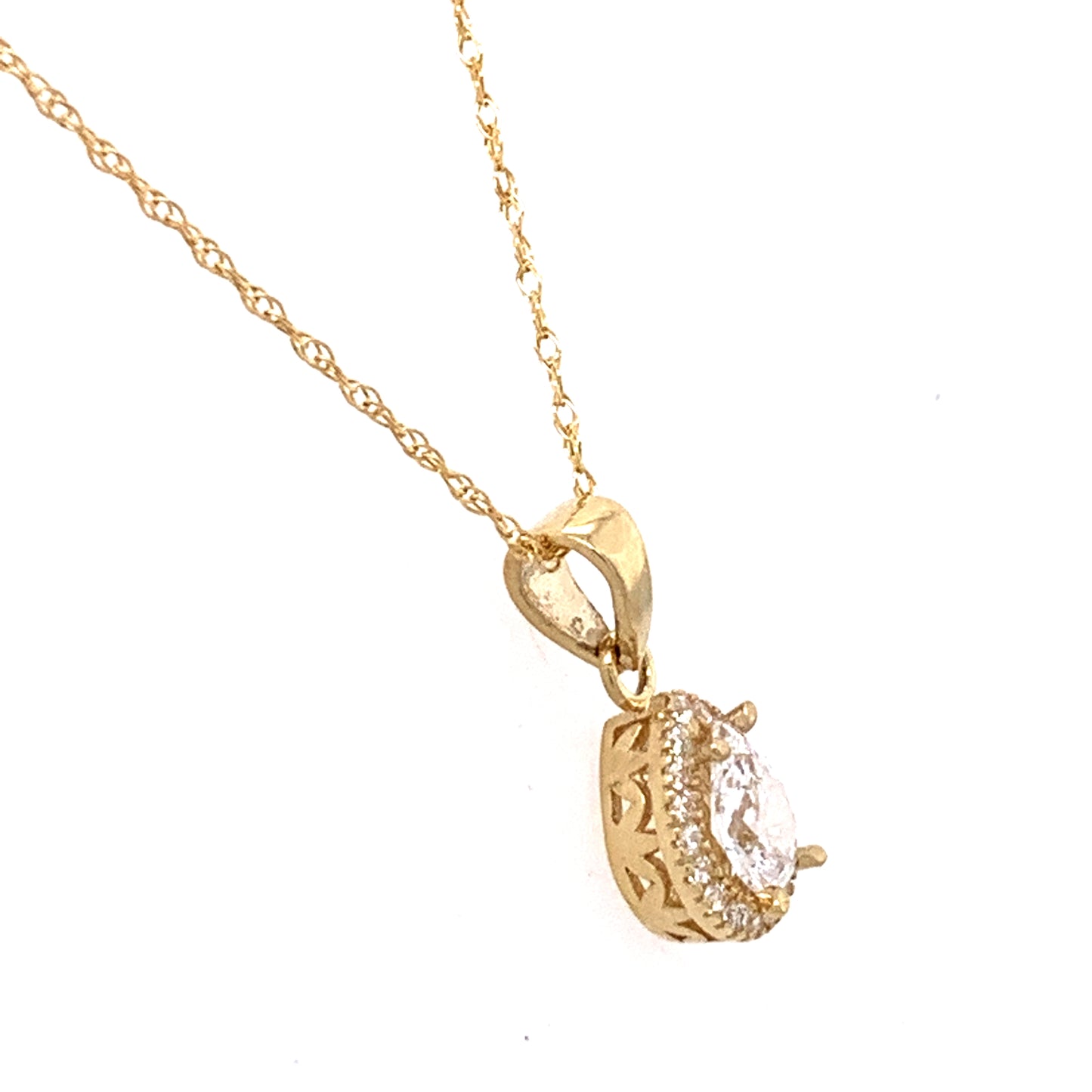 9ct gold pear-shaped CZ halo necklace by Mark Milton featuring a sparkling cubic zirconia pendant on a delicate chain.