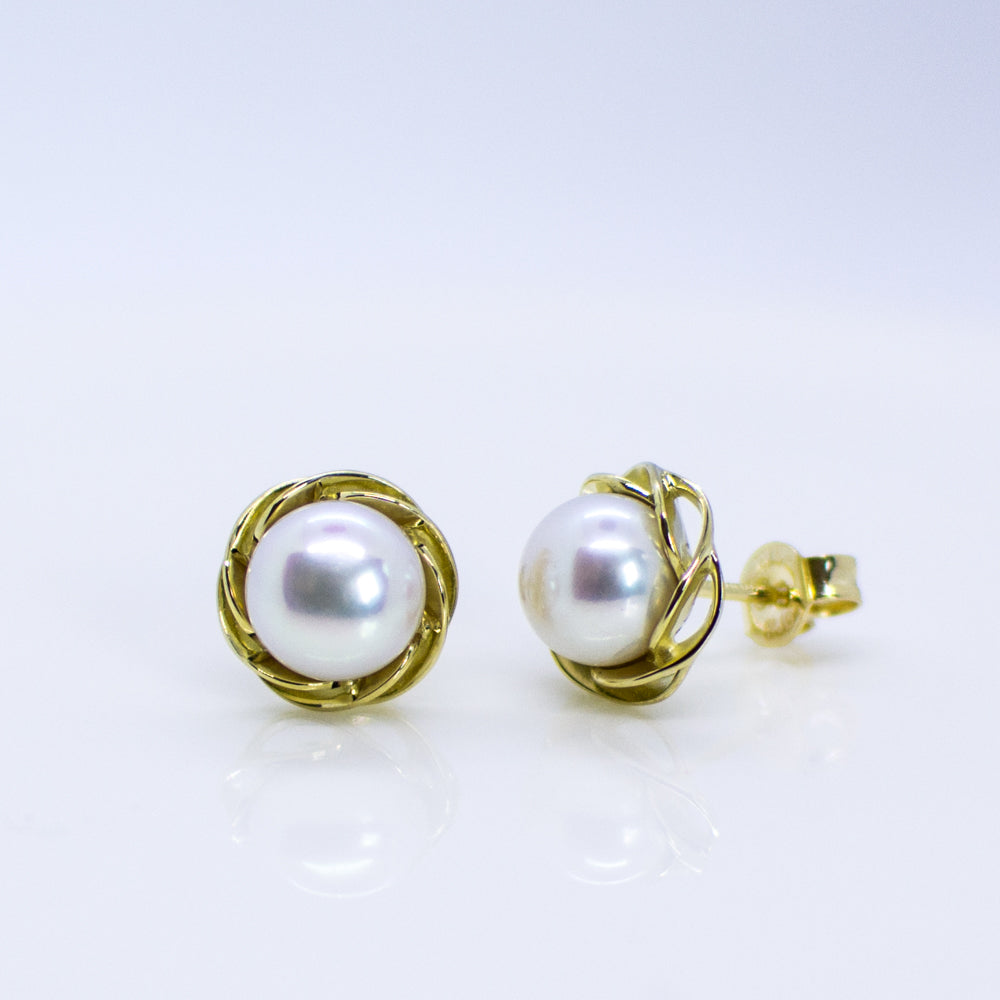 9ct Gold Freshwater Pearl Stud Earrings with Braided Edge - John Ross Jewellers