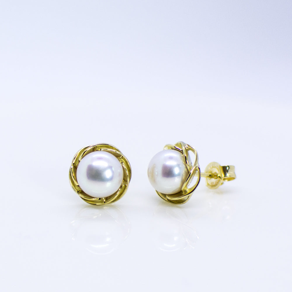 9ct Gold Freshwater Pearl Stud Earrings with Braided Edge - John Ross Jewellers