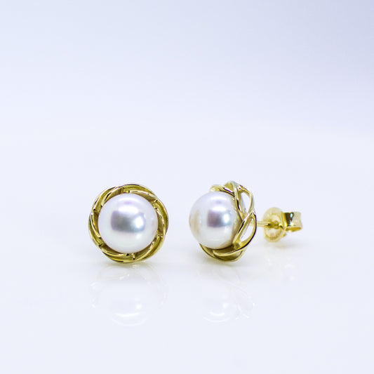 9ct Gold Freshwater Pearl Stud Earrings with Braided Edge - John Ross Jewellers