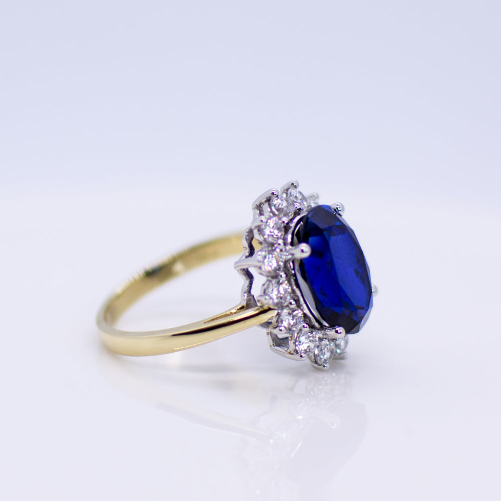 9ct Gold Created Sapphire & CZ Oval Cluster Ring - John Ross Jewellers