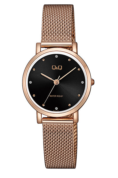 Q&Q Ladies Rose Gold & Black Mesh Watch - John Ross Jewellers