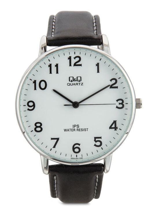 Q&Q Gents Silver Leather Watch - John Ross Jewellers