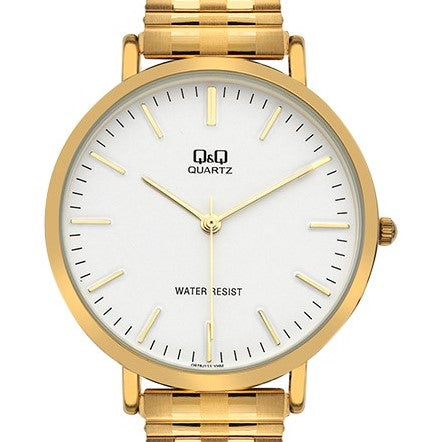 Q&Q men's gold watch with expandable strap, featuring a round dial and elegant design, suitable for formal wear.