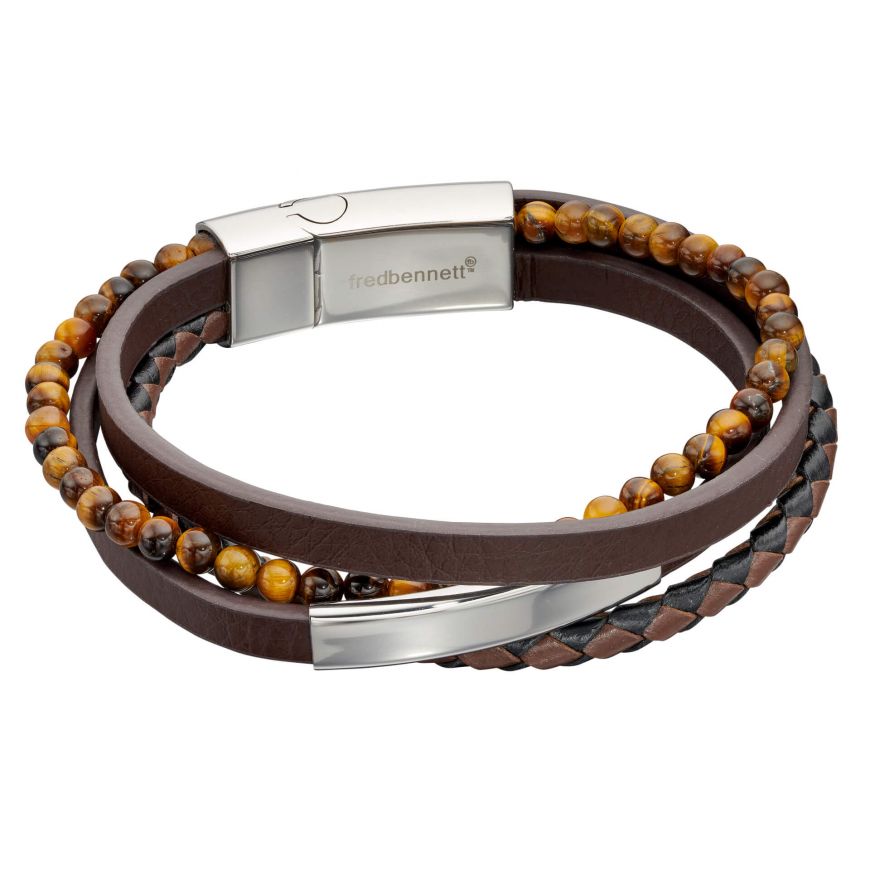 FRED BENNETT Reborn Brown Leather Four Row Bracelet - John Ross Jewellers