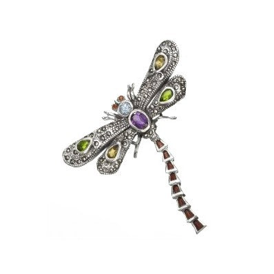 Silver Marcasite & Gemstone Dragonfly Brooch - John Ross Jewellers