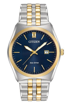 The byword is versatility for this handsome 3-hand Citizen Corso watch crafted in two-tone stainless steel. Details include a sophisticated deep blue dial and a date window perfect for the every day businessman. Featuring Eco-Drive technology – powered by light. The watch includes water resistance of 100 metres and a 40mm case.