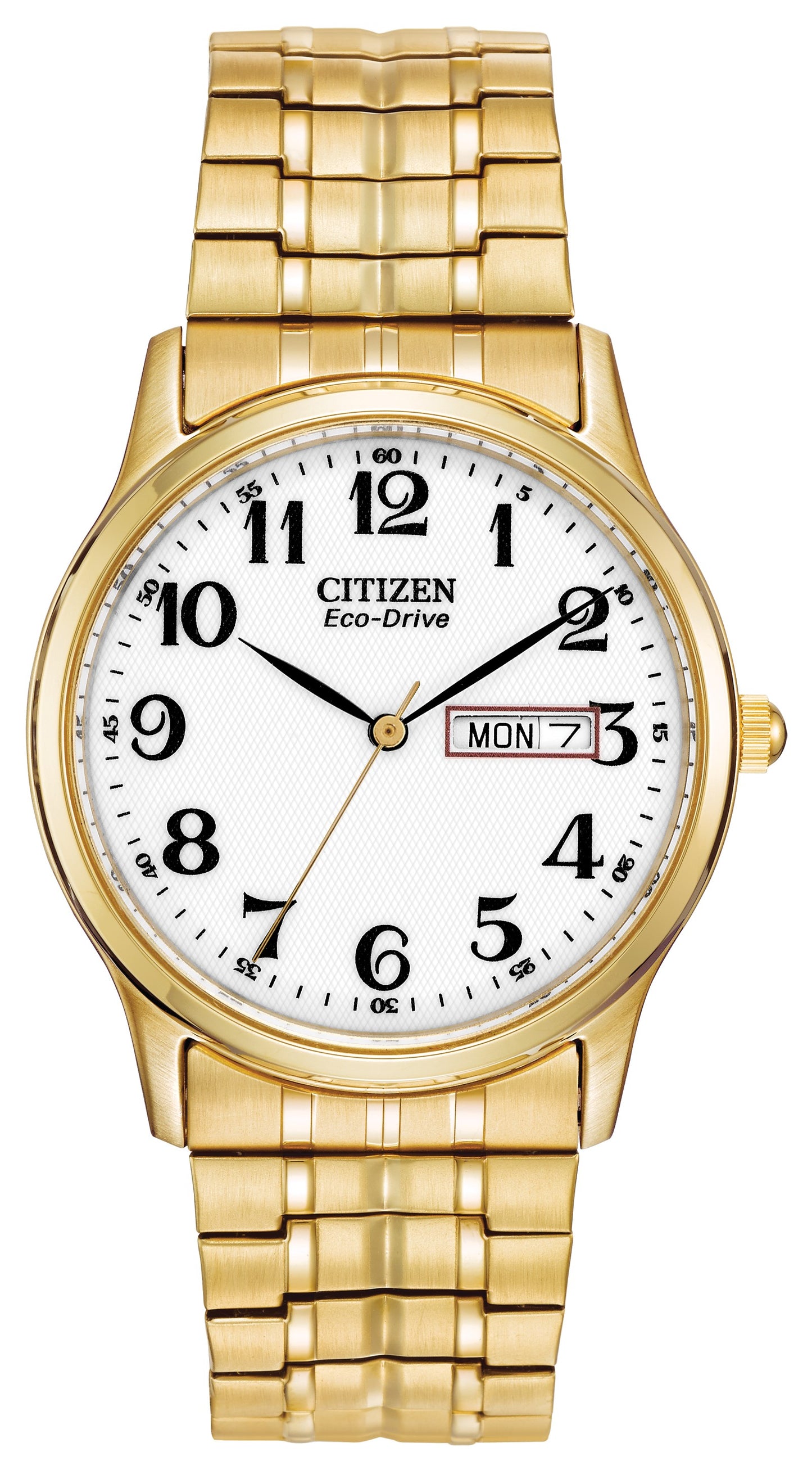 A classic design from Citizen that is both stylish and playful. The gold plated bracelet is gorgeous to look at and the crisp white dial is particularly elegant. Citizen Ecodrive, never requires a battery. The watch includes water resistance and a 36mm case.