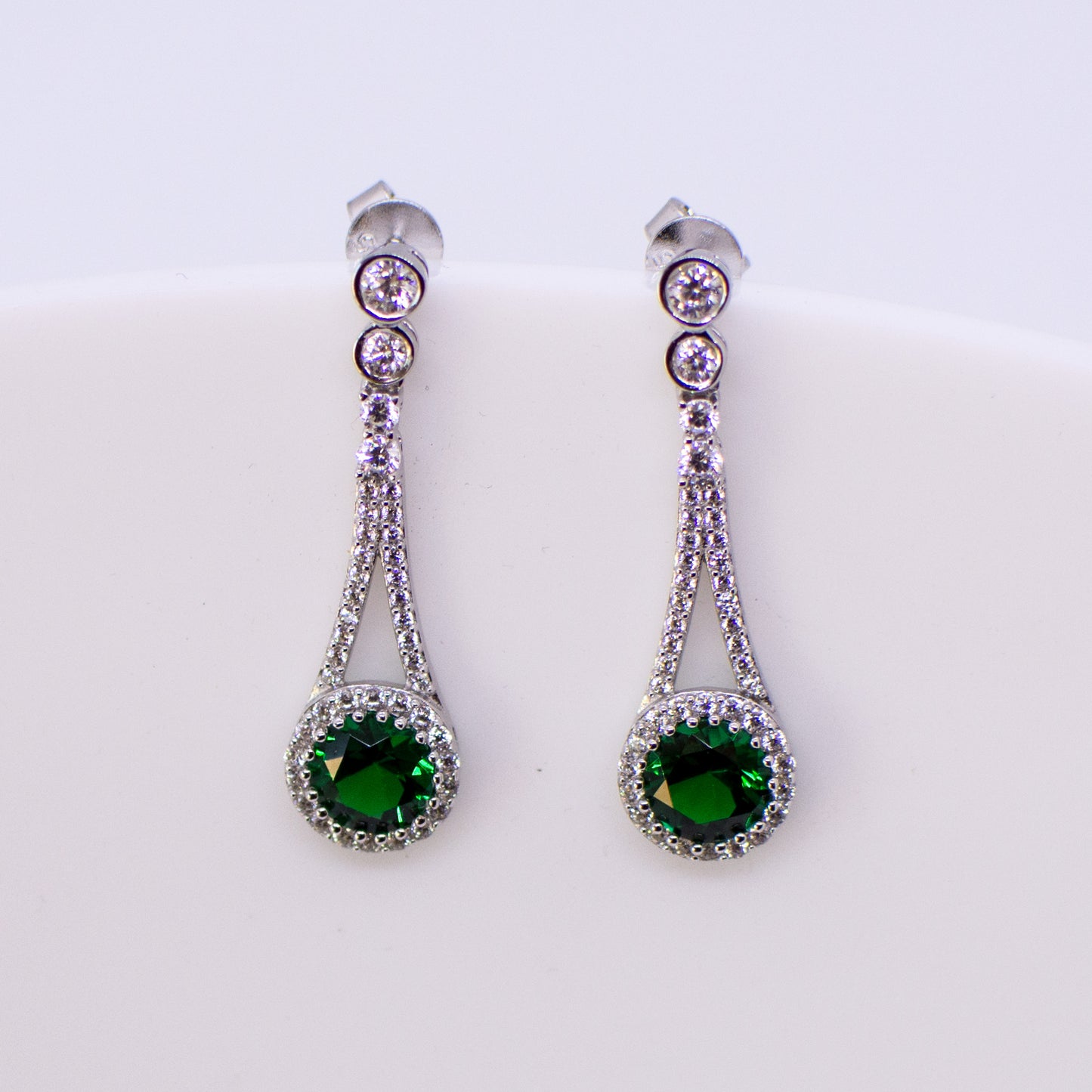 Silver Created Emerald & CZ Vintage Style Drop Earrings - John Ross Jewellers